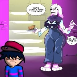 1boy 1girl1boy 1girls belly_bulge big_breasts concerned dialogue dialogue_box dialogue_bubble eyelashes food frown fully_clothed furry holding_object horns innocent innocent_expression milf nosebleed offering_food pacman_eyes safe safe_for_work tawagoto_(probros) thick_thighs thigh_gap thight_clothing toriel um_idiota_fazendo_videos um_idiota_fazendo_videos_(character) undertale white_fur