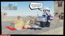 3d ass canine english_text femboy furry furry_only hyena male/female nekomaniaa nude_male_clothed_female roblox roblox_avatar robloxian self_upload sunbathing tactical_gear tiger_shark
