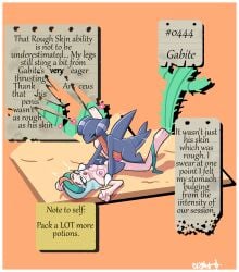 1boy 1girls black_sclera blightstar blue_scales cactus desert dorsal_fin dragon english_text female femsub gabite ginger green_eyes half-closed_eyes headgear headgear_only male male_pokemon/female_human maledom missionary_position notes open_mouth pinned_down pokemon pokemon_(species) pokemon_dppt pokemon_ss pokephilia red_belly rough_sex sonia_(pokemon) stomach_bulge tagme torn_paper willing_sub yellow_eyes