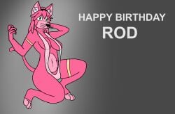 birthday blind_peacock_draws_(artist) cat_ears cat_girl cat_humanoid cat_tail clear_outfit commentary commentary_request commission commission_art feline fur furry_female furry_only green_eyes kitty_(rod_akihiro) one_piece_swimsuit original original_art original_artwork original_character pink_body pink_fur pink_hair rod_akihiro see-through see-through_clothing swimsuit swimwear whiskers