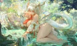 ass azur_lane bare_legs bare_shoulders barefoot bikini breasts cleavage cutesexyrobutts detached_sleeves dragon_girl dragon_horns dragon_tail female horns large_breasts long_hair long_sleeves looking_at_viewer lying mouth_hold nature on_side outdoors partially_submerged patreon_logo patreon_username red_bikini red_eyes shimanto_(azur_lane) shimanto_(the_relaxing_dragon_god)_(azur_lane) sideboob solo swimsuit tail thighs very_long_hair water waterfall wet white_hair