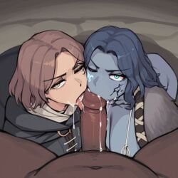 ai_generated blowjob blue_eyes blue_hair blue_skin cum_in_mouth dark-skinned_male double_fellatio elden_ring fellatio licking licking_penis melina_(elden_ring) novelai oral ranni_the_witch
