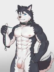 abs anthro athletic balls canid canine canis collar dog_x_bloods domestic_dog flaccid foreskin genitals hand_on_hip hi_res holding_leash holding_object humanoid_genitalia humanoid_penis leash leashed_collar male mammal nude overlong12 partially_retracted_foreskin penis pesc retracted_foreskin signature simple_background smile solo standing the_prince_(dog_x_bloods) three-quarter_view uncircumcised white_background