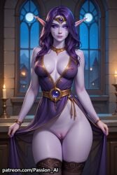 ai_generated elf female huge_hips nipples pointy_ears purple_body purple_hair pussy seductive_smile sexy_pose sheer_clothing standing warcraft world_of_warcraft xal'atath