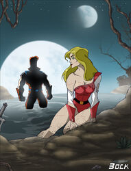 1boy 1girls artist_request beach blonde_hair breasts female male masters_of_the_universe moon mud night orange_hair princess_adora red_hair scars sea sea_hawk she-ra she-ra_princess_of_power stars torn_clothes water