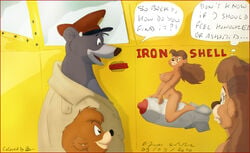 airplane anthro asthexiancal baloo bear breasts brown_hair clothing dialogue disney english_text female frown furry kit_cloudkicker male mammal multiple_boys nipples nude open_mouth rebecca_cunningham smile stinkehund talespin text vehicle