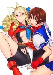 2d 2girls blonde blonde_female blonde_hair blonde_hair_female brown_hair brown_hair_female capcom clothed_female female female_focus female_only karin_kanzuki light-skinned_female light_skin long_hair looking_at_viewer pinup pinup_pose sakura_kasugano school_uniform schoolgirl short_hair street_fighter street_fighter_alpha tagme tetsu_(kimuchi) white_background