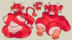 anthro bbw bel_group bovid bovine cattle chubby chubby_anthro chubby_female female fur grabbing_breasts hand_on_hip hangedc hangedc_(artist) hi_res mammal nude nude_anthro nude_female overweight overweight_female red_body red_fur tagme the_laughing_cow