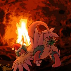 absurd_res albinoraynedeer archeops archeopteryx bedroom_eyes christmas christmas_clothing christmas_headwear clothing dinosaur feathers female feral fire firelight fossil_pokemon generation_5_pokemon genitals hat headgear headwear hi_res holidays looking_at_viewer looking_back mistletoe narrowed_eyes nintendo plant pokemon pokemon_(species) prehistoric_species pussy raised_leg reptile santa_hat scalie seductive tongue tongue_out