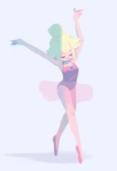 1girl arms_up ballerina ballet ballet_slippers blonde_hair blush brooch cherrifaerie closed_eyes en_pointe female full_body hair_bun legs leotard pink_leotard princess_peach simple_background tutu