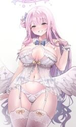 alternate_costume babydoll blue_archive blush bra breasts cleavage cowboy_shot feathered_wings female frilled_bra frills garter_belt halo hand_up highres large_breasts laseri lingerie long_hair looking_at_viewer low_wings mika_(blue_archive) navel panties pink_hair pink_halo revision simple_background smile solo stomach tea_party_(blue_archive) thighhighs trinity_general_school_student underwear underwear_only white_background white_bra white_garter_belt white_panties white_thighhighs white_wings wing_ornament wings wrist_wrap yellow_eyes
