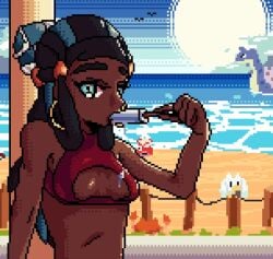 animation beach dark-skinned_female dressed female froll ice_cream_on_breasts nessa_(pokemon) pixel_art pokemon