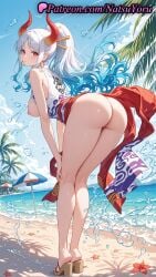 1girls 2025 ai_generated ass bare_arms bare_shoulders beach bent_over blue_hair breasts breasts_out curled_horns earrings female full_body hair_ornament hair_stick hi_res highres horns japanese_clothes jewelry kimono kneepits large_breasts leaning_forward legs long_hair looking_at_viewer looking_back natsuyoru nipples ocean one_piece one_piece:_egghead_arc outdoors palm_tree patreon red_eyes red_horns sand sky sleeveless solo standing toes umbrella voluptuous voluptuous_female water white_hair yamato_(one_piece)