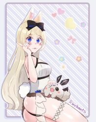 animal_ears ass bangs black_bow black_panties blonde_hair blue_eyes blush bow breasts bunny bunny_ears bunny_tail diagonal_stripes eyebrows_visible_through_hair female garter_straps hair_between_eyes hairbow heart long_hair looking_at_viewer panties solo striped striped_background striped_legwear striped_shirt tail thigh_strap thighhighs underwear vertical-striped_legwear vertical_stripes very_long_hair vyugen white_legwear yenko