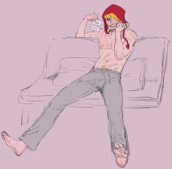 barefoot big_penis blonde_hair bulge coif colored_sketch donquixote_rosinante full_body hat headwear makeup male male_only one_piece partially_colored penis_outline scars scars_all_over sitting sketch solo spread_legs sweatpants topless topless_male waddehe