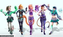 animal_ears bangs bare_shoulders baseball_cap belt black_footwear black_skirt blonde_hair blue_eyes blue_hair boots bracelet breasts brown_hair buttons cat_tail choker claws cleavage crop_top dokibird fangs fingerless_gloves full_body glasses gloves green_footwear green_gloves green_legwear green_nails green_shorts green_skirt grin hair_ornament hand_on_hip hat holding jacket jewelry kneehighs large_breasts lineup long_hair long_sleeves looking_at_viewer makeup medium_breasts midriff miniskirt mint_fantome multicolored_hair multiple_girls nail_polish navel necktie nimi_nightmare one_eye_closed open_jacket open_mouth orange_hair pants paws piercing pleated_skirt police_uniform policewoman purple_gloves purple_hair school_uniform shirt shoes short_hair shorts skirt smile spikes squchan_(vtuber) standing tail thighhighs tiger_ears two-tone_hair vyugen white_legwear