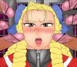 2d artist_request blonde_hair brown_eyes capcom drill_hair erect_penis erection female female_focus gangbang karin_kanzuki long_hair penis school_uniform schoolgirl sex street_fighter street_fighter_alpha tagme