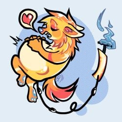 air_pump ambiguous_gender anthro belly belly_expansion belly_inflation bicycle_pump bleakpepper blue_pawpads canid canine disembodied_hand expansion fur ghost_hand heart_symbol hi_res inflation mammal orange_body orange_fur pawpads