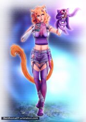 animal_ears bangs boots breasts cat_ears female fingerless_gloves full_body garter_straps gloves hair_ornament hairclip large_breasts looking_at_viewer makeup medium_breasts microphone midriff miniskirt navel open_mouth orange_hair purple_footwear purple_gloves purple_legwear purple_pants purple_shirt short_hair skirt sleeveless solo squchan_(vtuber) standing tail thighhighs vyugen watermark web_address