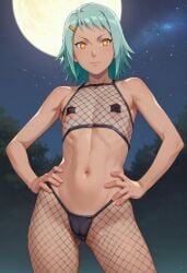1girls ai_generated blush cameltoe dark-skinned_female embarrassed female female_only fishnet_shirt fishnets flat_chest fuu_(naruto) green_hair hands_on_hips human jinchuriki mesh_shirt naruto naruto_(series) naruto_shippuden nipples_visible_through_clothing orange_eyes outdoors panties pasties petite pinup shoulder_length_hair small_breasts solo standing topwear