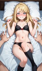 1boy ai_generated avery_(pokemon) bed bed_sheet bedroom black_bra blush bra crying crying_with_eyes_open femboy lingerie lying lying_down male panties pokemon socks