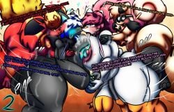 ambiguous_penetration anthro balls big_balls big_breasts blue_blush blush bodily_fluids breasts canid canine canis cum dark_body dark_fur destiny-yuuei dialogue eeveelution eyewear female flareon fur generation_1_pokemon generation_5_pokemon generation_7_pokemon genital_fluids genitals glasses group hand_hold heart_symbol hi_res huge_balls huge_breasts hyper hyper_balls hyper_genitalia jay_(dusk_rioluff) looking_pleasured male male/female mammal mienshao neon_dark_(destiny-yuuei) nintendo open_mouth penetration pokemon pokemon_(species) red_body red_fur rockruff rosy_(destiny's_art) sex text wolf