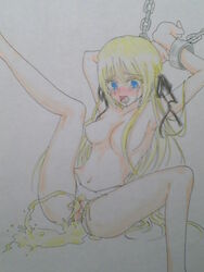 bangs blonde blonde_female blonde_hair blue_eyes blush blush_lines blushing breasts chained desperation hair_ribbon humiliated humiliation long_hair navel panties peeing peeing_self peeing_through_panties restrained spread_legs tagme tears urinating urinating_female urine urine_drip urine_pool urine_stream yggdra_union yggdra_yuril_artwaltz