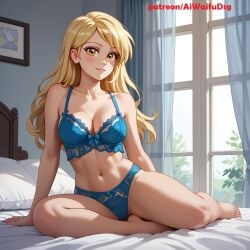 1girl ai_generated aiwaifudesings bed bedroom blonde_hair blue_bra blue_panties blush female looking_at_viewer mia_(aiwaifudesings) on_bed original original_character patreon_username pillow smile solo window yellow_eyes