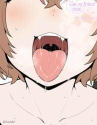 artist_name blush brown_hair close-up collarbone fangs felix_argyle female femboy feminine_male feminization male_only open_mouth oral_invitation otoko_no_ko portrait re:zero_kara_hajimeru_isekai_seikatsu saliva short_hair simple_background sissy solo sondu sweat teeth tongue tongue_out trap twink twitter_username uvula white_background