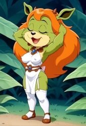 ai_generated amberley blue_eyes furry_female furry_only green_fur horns orange_hair tagme the_dreamstone