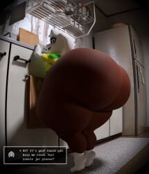 asriel_dreemurr ass clothed clothing dialogue dialogue_box femboy goat huge_ass huge_butt hyper hyper_ass hyper_butt kitchen looking_at_viewer male pants shirt smile solo standing thick_thighs totallyd undertale undertale_(series) wide_hips