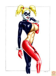 1girls 2010 batman_(series) big_breasts blonde_female blonde_hair blue_eyes breasts color dated dc dc_comics female female_only fred_sadek harley_quinn harley_quinn_(classic) huge_breasts large_breasts looking_at_viewer mask navel nipples open_mouth operation:_biohazard pigtails ralfieboy signature solo tagme white_female