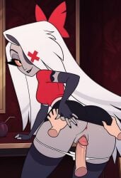 1boy 1girls ass_focus ass_grab bent_over bent_over_table hazbin_hotel imminent_sex looking_back_at_viewer panties panties_around_legs panties_down penis_touching_vagina skirt_lift vaggi_(hazbin_hotel) vaggie vaggie_(hazbin_hotel) vivienne_medrano vivziepop