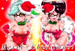 2girls blush bow bowtie breasts callie_(splatoon) christmas christmas_outfit cleavage clothing covered_navel earrings female female_only green_bow green_bowtie inkling inkling_girl large_breasts long_hair looking_at_viewer marie_(splatoon) mazuo917 mole mole_under_eye nintendo open_mouth playboy_bunny pointy_ears santa_costume santa_hat short_hair splatoon squid_sisters squid_sisters_(splatoon) tentacle_hair two_tone_hair