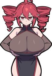 1girls 2d 2d_(artwork) ahoge alicesz alternate_version_available armwear bare_shoulders bodysuit breast_lift breast_slider breasts cleavage cleavage_cutout cleavage_overflow clothed clothed_female clothing colored_hair curvaceous curvy curvy_female curvy_figure dress expressionless female female_only fully_clothed gigantic_breasts hands_on_breasts holding_breast huge_breasts kasane_teto large_breasts looking_at_viewer massive_breasts red_eyes red_hair skindentation slider slider_(control) solo solo_female text thick_thighs thighs top_heavy twin_drills utau white_background