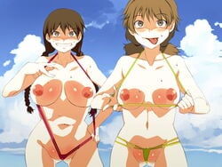 2girls areolae beach bikini breasts chiyo_shinooka erect_nipples grin huge_breasts maria_momoe medium_breasts multiple_girls nipples ookiku_furikabutte pussy sea shaved_pussy sling_bikini sling_bikini_aside summer thick_thighs thong thong_bikini thong_panties tongue_out