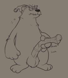 animal_genitalia animal_penis anthro bear bronzebadger clothing club_penguin equine_genitalia equine_penis fist furrowed_brow genitals hand_on_penis hat headgear headwear herbert_p._bear male mammal masturbation monochrome nightcap onomatopoeia penis polar_bear solo sound_effects text tired ursine wet wet_penis