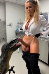 1futa 1girls ai_generated big_breasts blonde_hair breasts cleavage dangerous dinosaur erect erection exposed exposed_thighs fellatio_from_feral female functionally_nude futa_on_feral futanari hands_on_hips intersex labcoat laboratory licking licking_penis pants_down penis precum realistic scientist sideboob tagme thighs useless_clothing velociraptor wide_hips