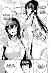 apron apron_only black_and_white blushing feeding haitekudasai_takamine-san long_hair looking_at_viewer manga manga_page naked_under_clothes naked_underneath nipple_slip nude_underneath official official_art official_style one_eye_closed open_mouth shiny_skin sideboob takamine_takane very_long_hair winking_at_viewer yuichi_hiiragi