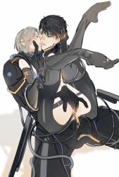 1boy ass black_hair brown_eyes bulge caleb_(love_and_deepspace) couple cyborg female fingering french_kiss grabbing_another's_hair grey_eyes grey_hair hand_on_another's_back height_difference highres kissing legs_up loneroad_unreturned_caleb love_and_deepspace lrrcakie no_panties official_alternate_costume on_lap open_mouth protagonist_(love_and_deepspace) pussy_juice short_hair simple_background straight tongue tongue_out white_background