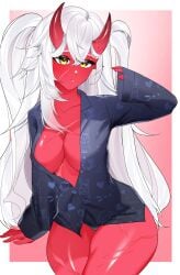 akumi bangs breasts cleavage closed_mouth collarbone collared_shirt cowboy_shot demon_girl eyebrows_visible_through_hair female glasses hair_between_eyes horns large_breasts long_hair long_sleeves looking_at_viewer medium_breasts oni oni_horns pencil_skirt red_skin shirt sitting skin-covered_horns skirt sleeves_past_wrists solo thighs vyugen white_hair yellow_eyes