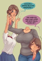 2girls english_text female fully_clothed futanari gammatelier holding_head intersex milf monophallia more_at_source penis penis_neck speech_bubble uncensored unusual_genitalia_placement unusual_penis_placement veiny_penis what