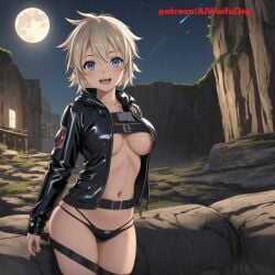ai_generated aiwaifudesings beige_hair bike black_panties blue_eyes female jacket_open looking_at_viewer maple_(aiwaifudesings) moon original original_character outdoors panties patreon_username short_hair smile solo