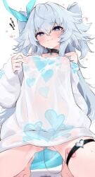breasts closed_mouth commentary_request covered_nipples female female_masturbation florence_(neural_cloud) girls'_frontline girls'_frontline_neural_cloud grey_hair highres kneeling long_hair looking_at_viewer masturbation medium_breasts nipple_stimulation nipple_stimulation_through_clothes ohichi16 pa-15_(girls'_frontline) see-through_clothes see-through_shirt sex_toy shirt smile solo very_long_hair vibrator white_shirt