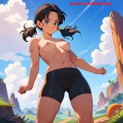 ai_generated aiwaifudesings bike_shorts black_hair blush breasts dragon_ball dragon_ball_z female looking_at_viewer nipples outdoors patreon_username short_hair smile solo topless twintails videl