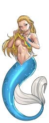 bare_arms bare_shoulders black_background blonde_hair blue_eyes blush braid breasts cg clothes_lift collarbone earrings female fins forehead full_body hair_slicked_back hentai_heroes jewelry kinkoid lamia large_breasts lifted_by_self long_hair looking_at_viewer medium_breasts melusine_(hentai_heroes) mermaid monster_girl navel official_art parody scales shell shirt_lift smile solo stomach transparent_background underboob very_long_hair