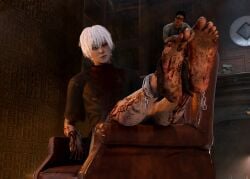 barefoot bloody dbd dead_by_daylight dwight_fairfield feet_up foot_fetish fully_clothed gay kaneki_ken ken_kaneki macrophilia male male/male male_only shackles sitting_on_chair