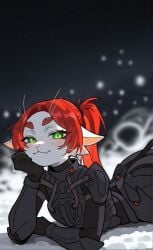 1girls :3 ai_generated anthro ariral blush fang feline female furry green_eyes lying lying_on_stomach ponytail red_hair smile smug solo tagme voices_of_the_void whiskers white_fur
