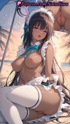 1girls 2025 ahoge ai_generated anus apron ass beach black_hair black_skirt blue_archive blue_bowtie blush bow bowtie breasts clothing dark-skinned_female dark_skin female gloves halo hi_res highres karin_(blue_archive) labia large_breasts long_hair looking_at_viewer maid maid_headdress natsuyoru navel nipples open_mouth outdoors patreon purple_eyes pussy sitting skirt thighhighs tongue tongue_out umbrella uncensored vagina voluptuous voluptuous_female white_gloves white_thighhighs