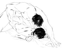 1boy ass bite_mark bite_mark_on_ass black_hair caleb_(love_and_deepspace) closed_eyes female greyscale height_difference kneeling lipstick_mark_on_chest love_and_deepspace monochrome protagonist_(love_and_deepspace) sex sheet_grab short_hair simple_background straight top-down_bottom-up torso_grab xyzcolonel